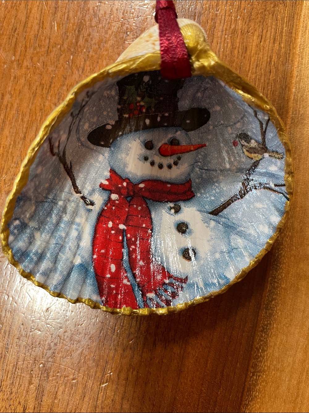 Handcrafted Shell Christmas Ornament with Snowman decoupage design ☃️